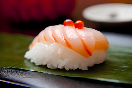 Sushi on a green leaf. Shallow depth of field.の素材