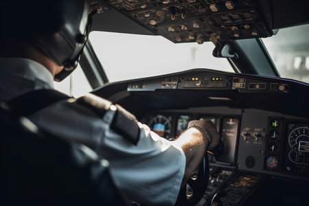 Pilot in the cockpit of a plane. View from inside.の素材