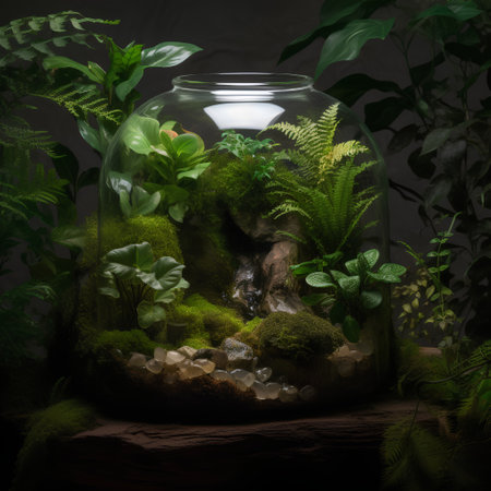Glass florarium with green plants and moss on dark background.の素材
