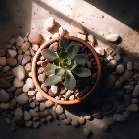 Small succulent plant in a pot on pebble background.の素材