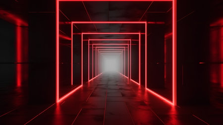 Futuristic corridor with glowing red lights, 3d render illustrationの素材