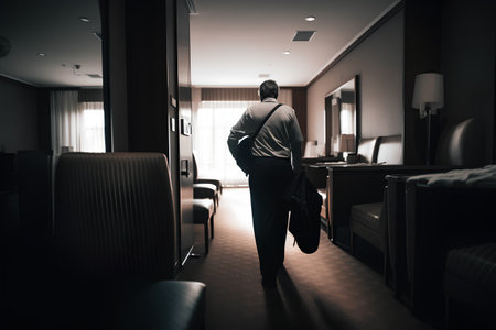 Rear View Of A Businessman Walking In Hotel Room To Workの素材