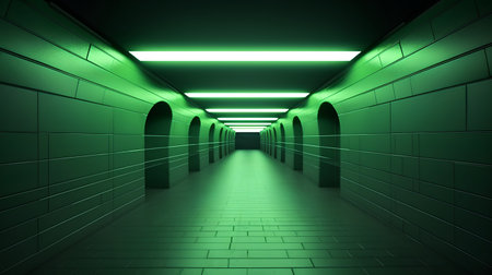 Green corridor with glowing light in a modern building. 3d renderingの素材