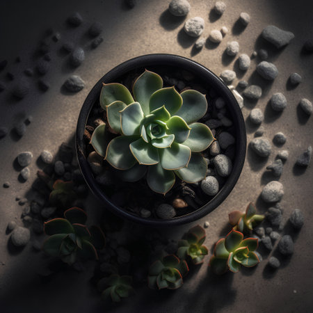 Succulent plant in a pot on a dark background, top viewの素材