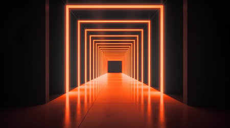 Futuristic corridor with glowing lights, 3d render abstract backgroundの素材