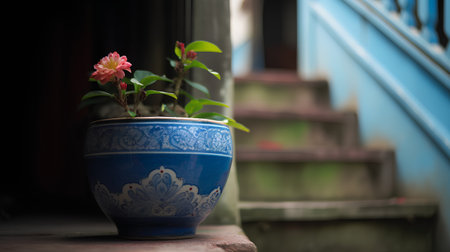 Flower pot on the wooden floor with window and stairs background.の素材