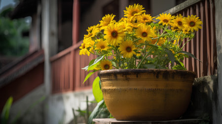 Beautiful yellow flowers in a clay pot on the balcony of the houseの素材