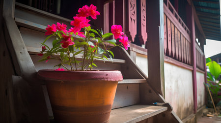 Flowers in a pot on the stairs of an old house.の素材