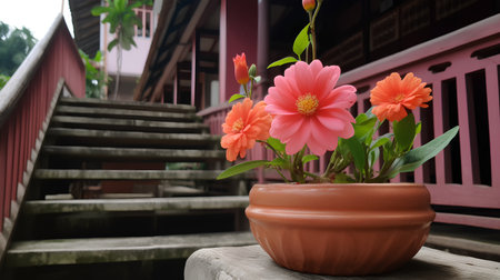 Flowers in terracotta pot on wooden table with stairs.の素材