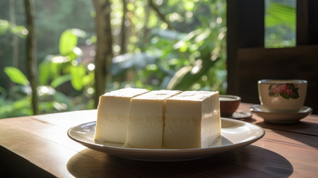 Piece of butter on a white plate on a wooden table.の素材