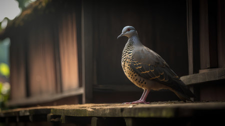 Pigeon standing on the old wooden floor, vintage tone.の素材