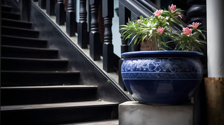 Vintage blue flower pot in front of stairway, stock photoの素材