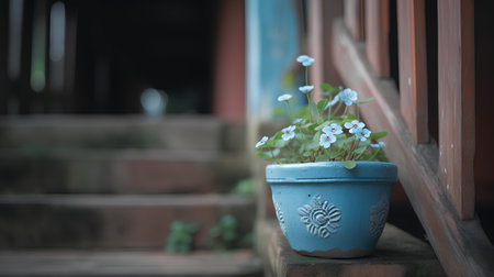 Little blue flowers in a pot on the stairs, vintage style.の素材