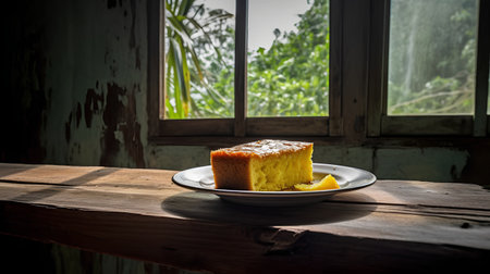 Lemon cake on a wooden table with a window on the backgroundの素材