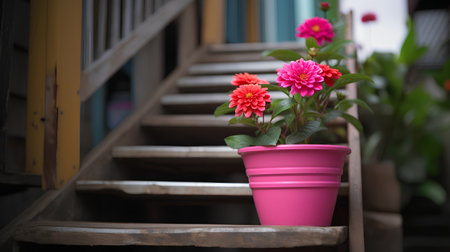 Pink dahlia in a pot on the stairs, stock photoの素材