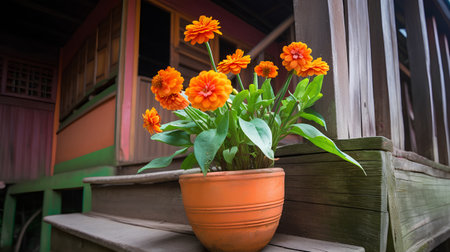 Orange zinnia flowers in a pot on a wooden porch.の素材