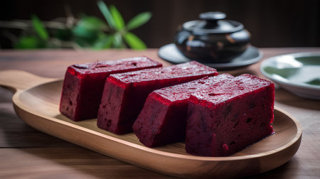 Red velvet cake in wooden plate on wooden table, Thai dessert.の素材