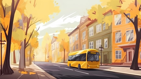 Autumn city street with yellow bus on the road, vector illustrationの素材
