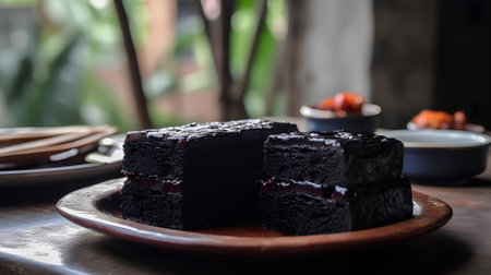 Black tea cake on wooden plate, selective focus, shallow DOFの素材