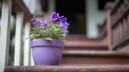 Purple flowers in a pot on the balcony. Selective focus.の素材