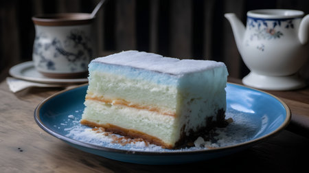 Coconut cake on a blue plate on a wooden table.の素材
