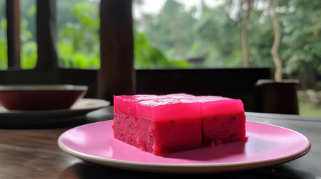 Piece of red velvet cake on pink plate on wooden table.の素材