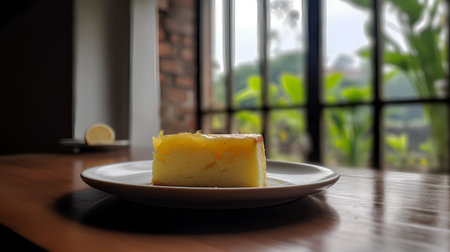 Lemon cake on wooden table with blur window background and coffee shopの素材
