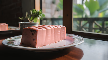 Piece of pink cake on a white plate in a cafe.の素材