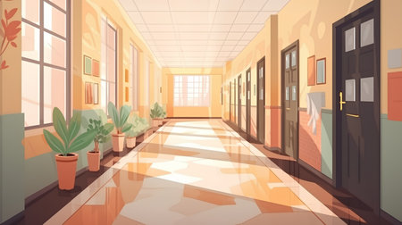 Illustration of a corridor in a hospital with many windows and plantsの素材
