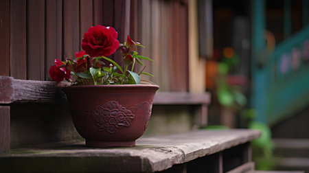 Beautiful red flowers in a clay pot on the wooden terraceの素材