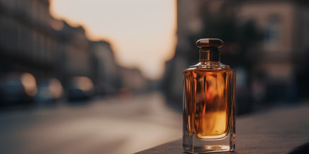 perfume bottle on the street in Paris, France at sunsetの素材