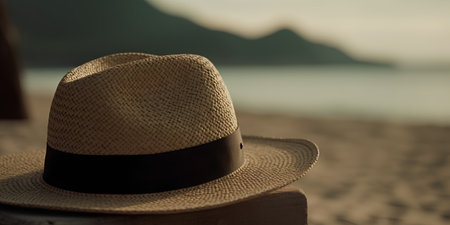Straw hat on the beach at sunset. Selective focus.の素材