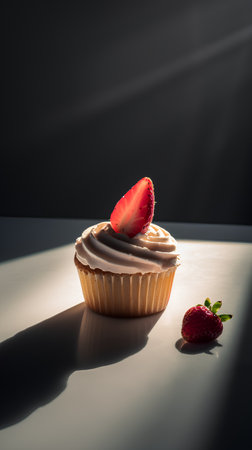 Cupcake with cream and strawberries on a dark background. Selective focus.の素材