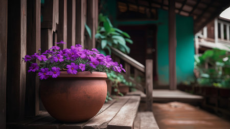 Flower pot on the terrace of the old wooden house.の素材