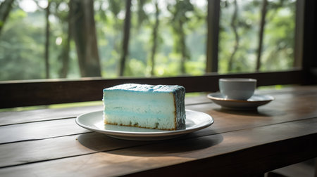 Blue tea cake on wooden table with coffee cup and nature background.の素材