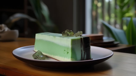Green tea cheesecake on a wooden table in a cafe, selective focusの素材