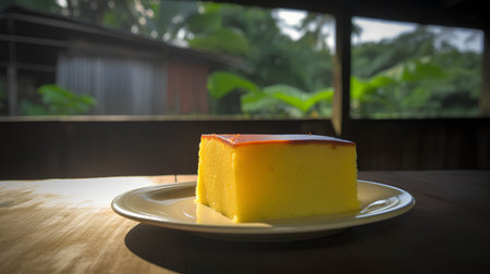 Piece of mango cake on wooden table in coffee shop background.の素材