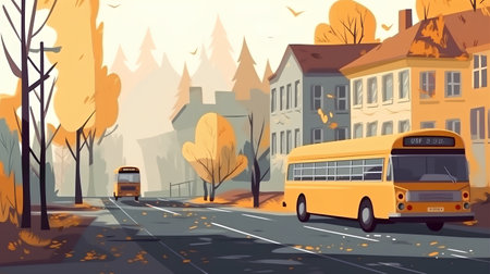 Autumn cityscape with school bus. Vector illustration in flat styleの素材