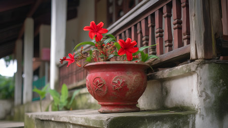 Red flower in red vase on the wall of old house.の素材