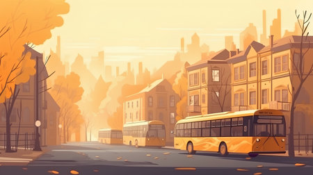 Autumn cityscape with yellow bus and trees, vector illustration.の素材