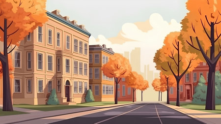 Autumn city street with yellow trees and row of houses. Vector illustrationの素材