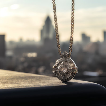 Silver pendant on the balcony overlooking the New York City skyline at sunsetの素材