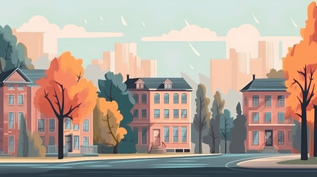 Autumn cityscape with trees, houses and road. Vector illustration.の素材