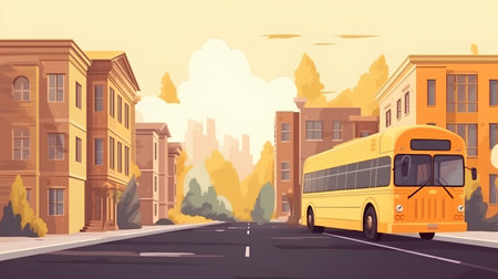 School bus on the street. Cartoon vector illustration. Urban scene.の素材