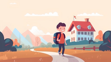 Boy with backpack goes to school. Vector illustration in cartoon style.の素材
