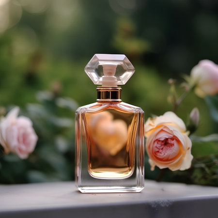 Perfume bottle with roses in the background, shallow DOFの素材
