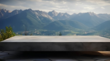 Empty top of stone table and blurred view of mountain background. For product displayの素材