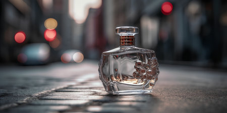 Perfume bottle on the street in the evening. 3d rendering.の素材