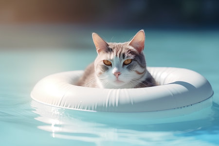 Cat in swimming pool with lifebuoy, summer vacation concept.の素材