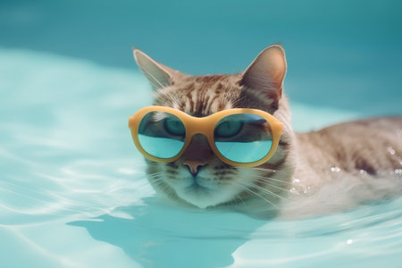 Cat wearing sunglasses in swimming pool, close-up, soft focusの素材